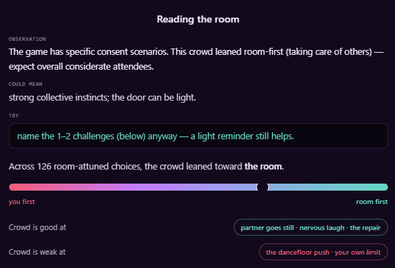 Organizer reading the room panel with consent scenario aggregate and crowd strengths
